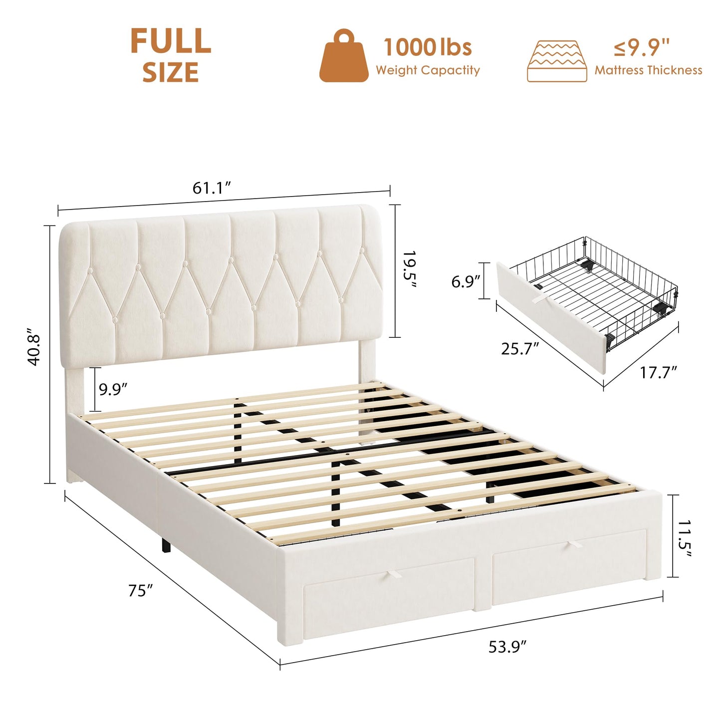 Garvee Full Bed Frame with 2 Storage Drawers, Velvet Upholstered Platform Full Size Bed Frame with Headboard, Wooden Slats Support, No Box Spring Needed, Easy Assembly, Beige