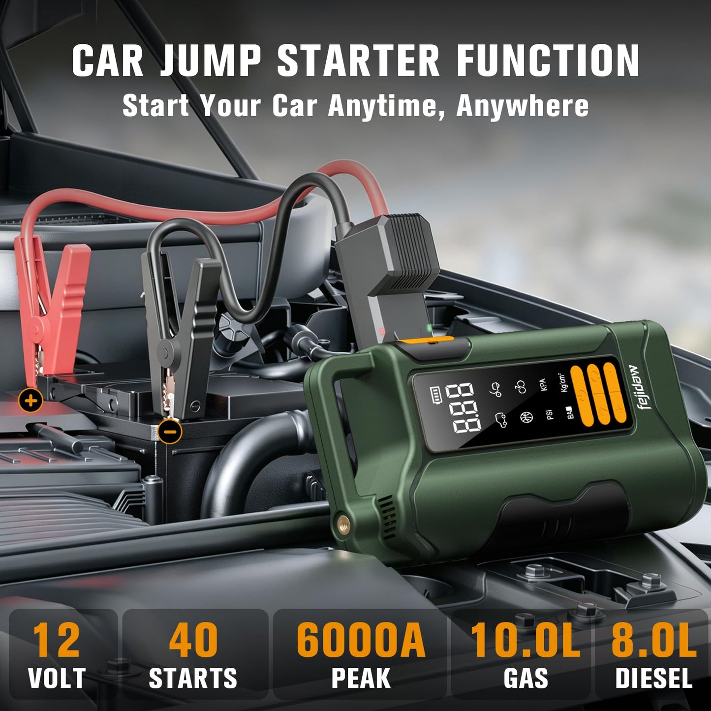 Jump Starter with Air Compressor,6000A Car Battery Jumper Starter, 20000mAh Battery Jumper Starter Portable for 10L Gas/Diesel Engine with 160PSI Booster,LED Display & Light,Jumper Cables
