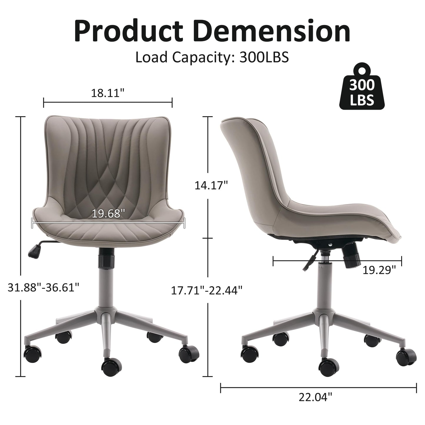 YOUTASTE Grey Armless Office Chair, Modern Adjustable Swivel Desk Chair with Wheels, Upholstered PU Leather, Gray Metal Legs, Back Support for Home Office, Study, Vanity, Bedroom