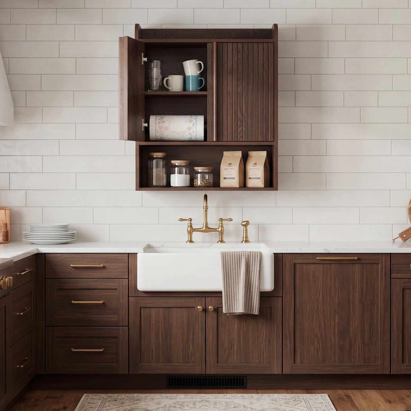 VANIRROR Fluted Wall Cabinet 33" H, Mid-Century Modern Dark Wood Bathroom Cabinet Over Toilet, Medicine Cabinet Storage with Doors & Open Shelf for Kitchen, Laundry Room and Entryway