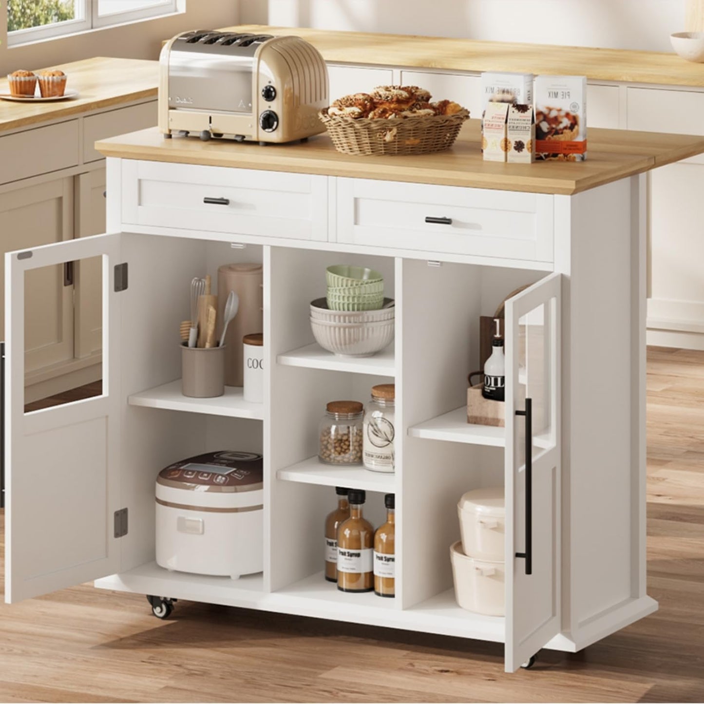 GarveeHome 41 in Rustic Kitchen Island on Wheels - Wood Drop-Leaf Table with 3-Tier Storage, Mobile Coffee Bar Cart for Small Spaces (White & Natural)