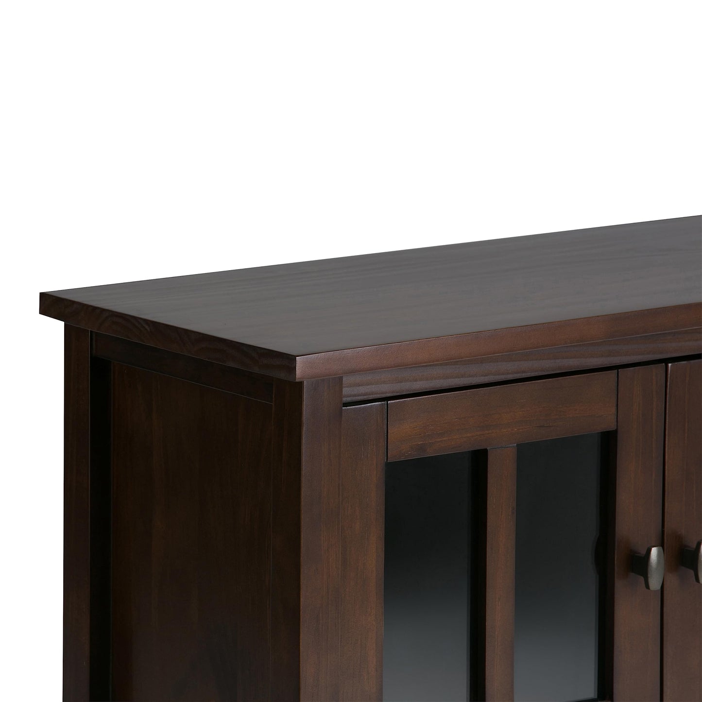 SIMPLIHOME Warm Shaker Storage Cabinet - 32 inch Wide Solid Wood 2-Shelf Low Storage Cabinet in Brunette Brown, Transitional Accent Cabinet for Entryway with Tempered Glass Doors and Shelves