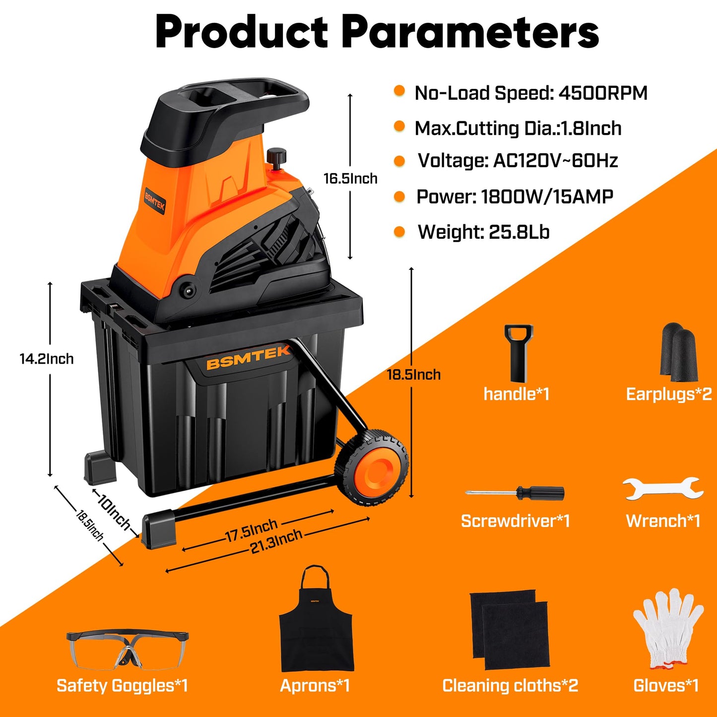 50L Collecting Bin, 15-Amp Wood Chipper Shredder, High Efficiency Electric Mulcher Shredding Machine with 25:1 Reduction Ratio, 1.8In Cutting Diameter, Portable Wheels for Yard Cleanup, New Orange