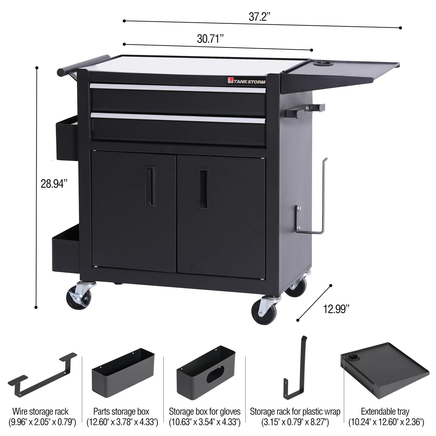 TANKSTORM Rolling Tattoo Workstation Cart, 2-Drawer Lockable Utility Cart with Wheels, Metal Rolling Tool Chest with Cabinet & Side Trays, Mobile Workbench for Tattoo Studio, Salon, Garage, Workshop