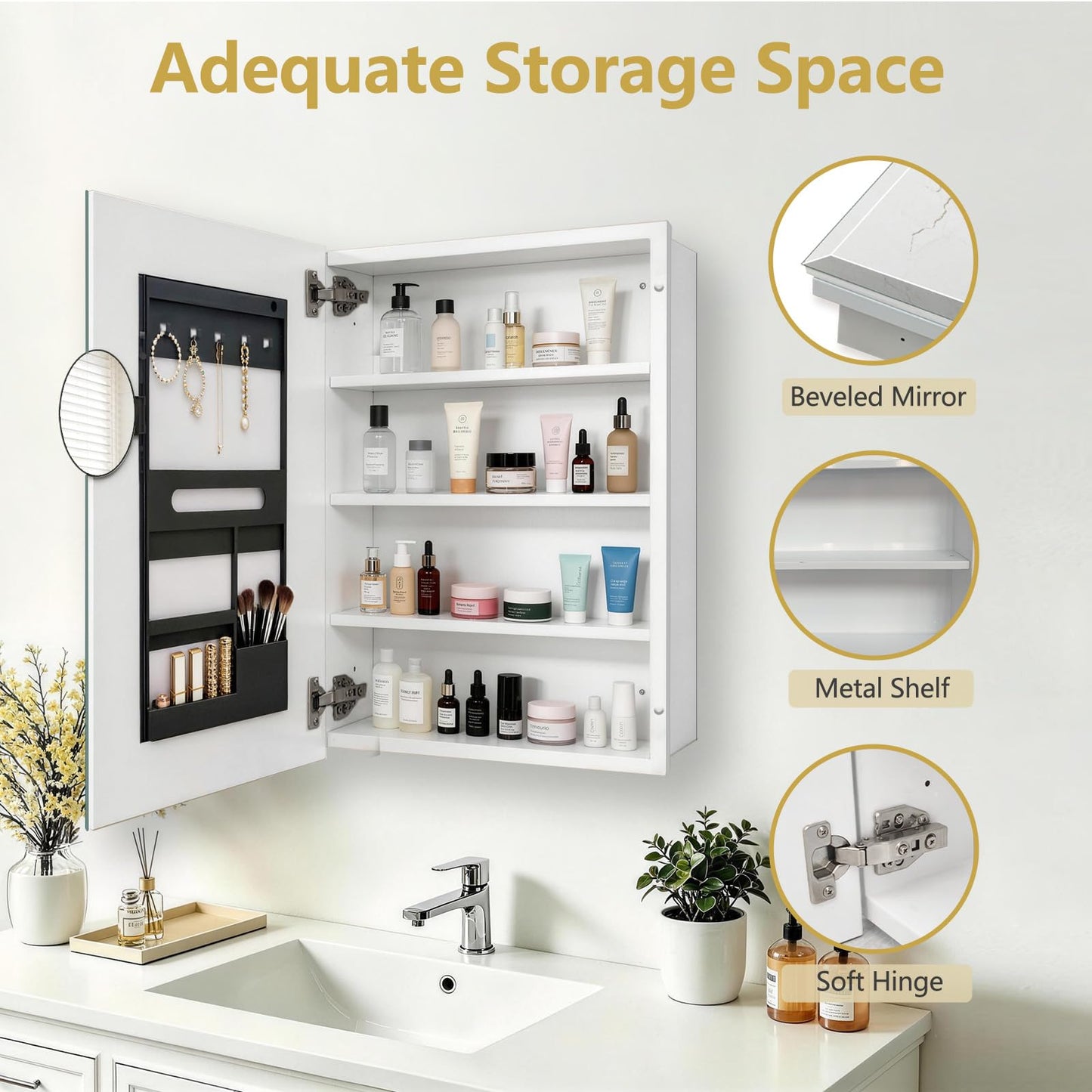FUMANGO 22"x30" Metal Medicine Cabinet,Bathromm Mirror Cabinet with 2X Magnifying Mirror,Soft Closing Hinge,A Mirror Cabinet with a Bevel,Recessed or Surface Mount,White