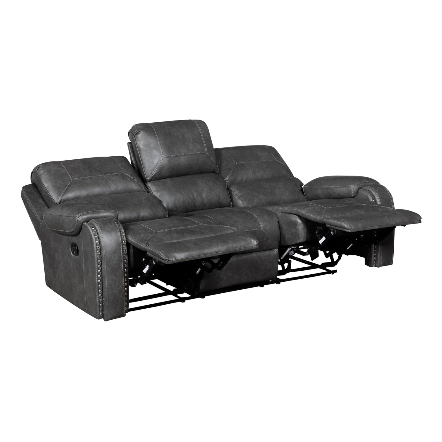 Lexicon Modern Double Recliner Sofa, Faux Leather Reclining Sofa with Nailhead, Center Drop-Down Cup Holders, Receptacles, USB Ports, Manual Recliner Couch Sofa for Living Room/Office/Apartment, Grey
