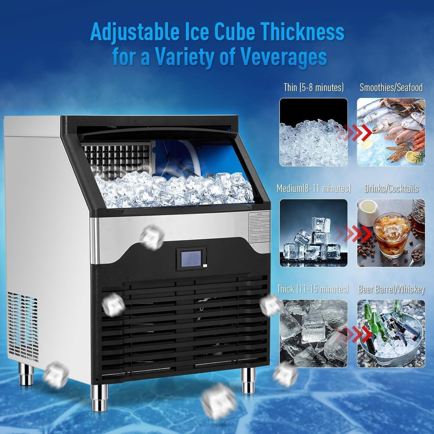 Commercial Ice Maker Machine, 260LBS/24h Stainless Steel Under Counter Ice Maker， 150LBS Freestanding Ice Machine for Restaurant, Home, Bars