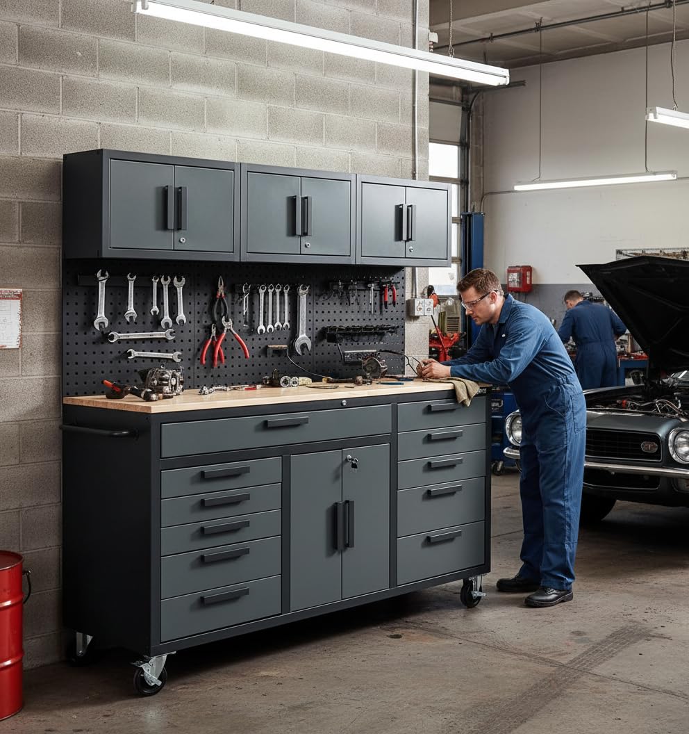 Tsnritor 72in Rolling Tool Chest Cabinet Mobile Garage Workbench Heavy-Duty Tool Cabinet on Wheels with 11 Drawers, 2-Door Cabinet, 3 Top Cabinet, Pegboard & Power Strip for Tool Organization
