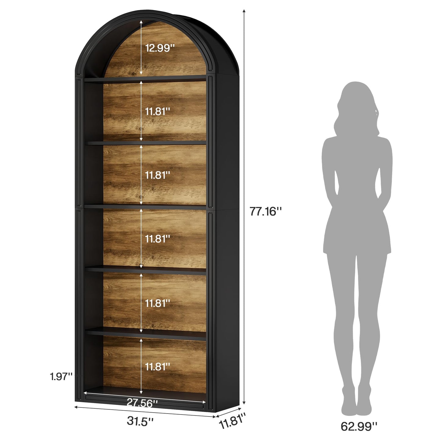 Tribesigns 6-Tier Black Arched Bookshelf, 77.16" Tall Arched Bookcase with Storage Shelves, Floor Standing Open Display Shelving Unit for Living Room, Bedroom, Home Office