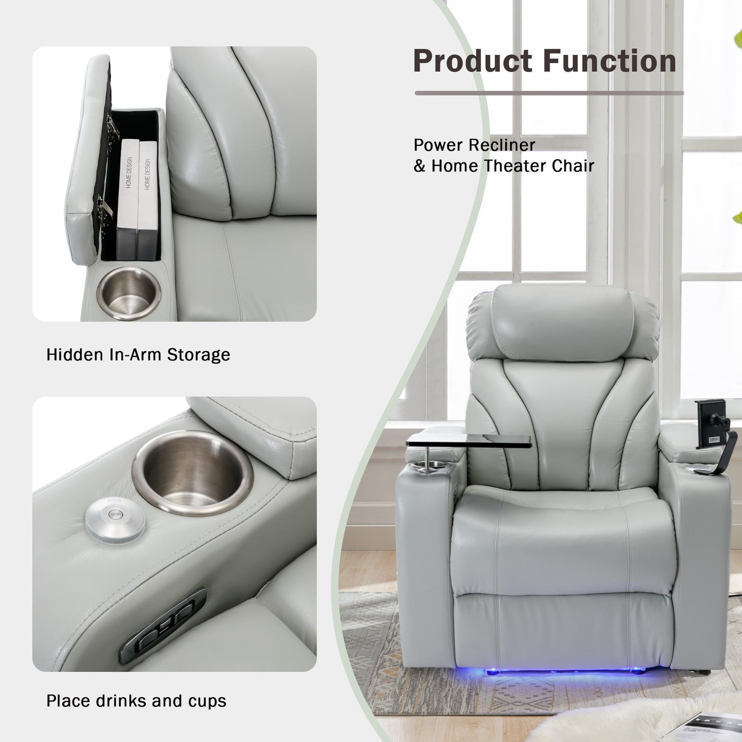 ERYE 34.5-Inch Multifunctional Power Reclining Chair Electric Recliner Armchair for Home Theater Office W/USB Ports, Storage Armrest, Cupholders, LED Light Strip & Rotating Table