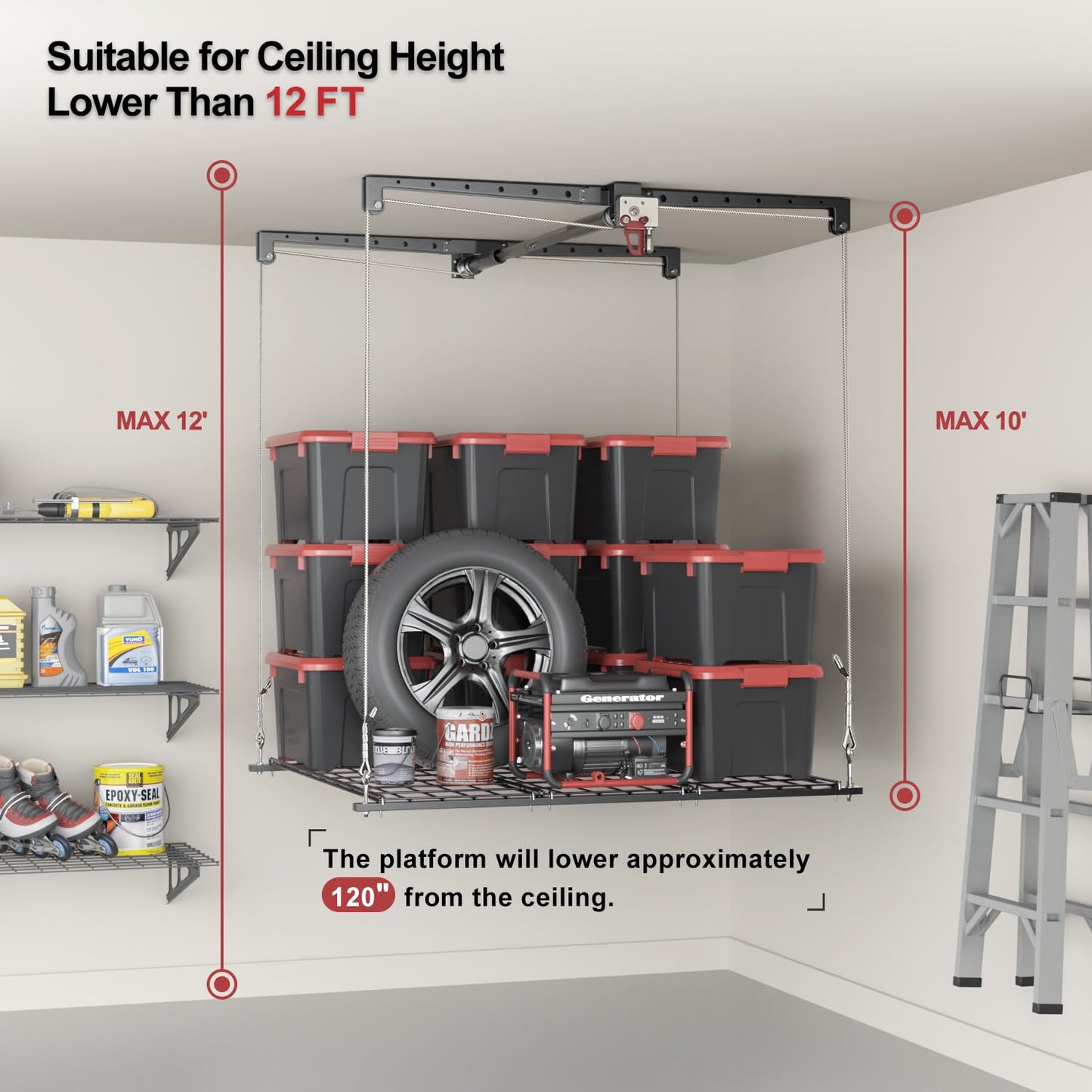Overhead Garage Storage Rack for 10–12 FT Ceiling, Heavy-duty 4x4 FT Ceiling Storage Racks with Safety Lock, Ideal for Garage Storage Mounted Lift System and Storage Organizer, 250lbs Capacity