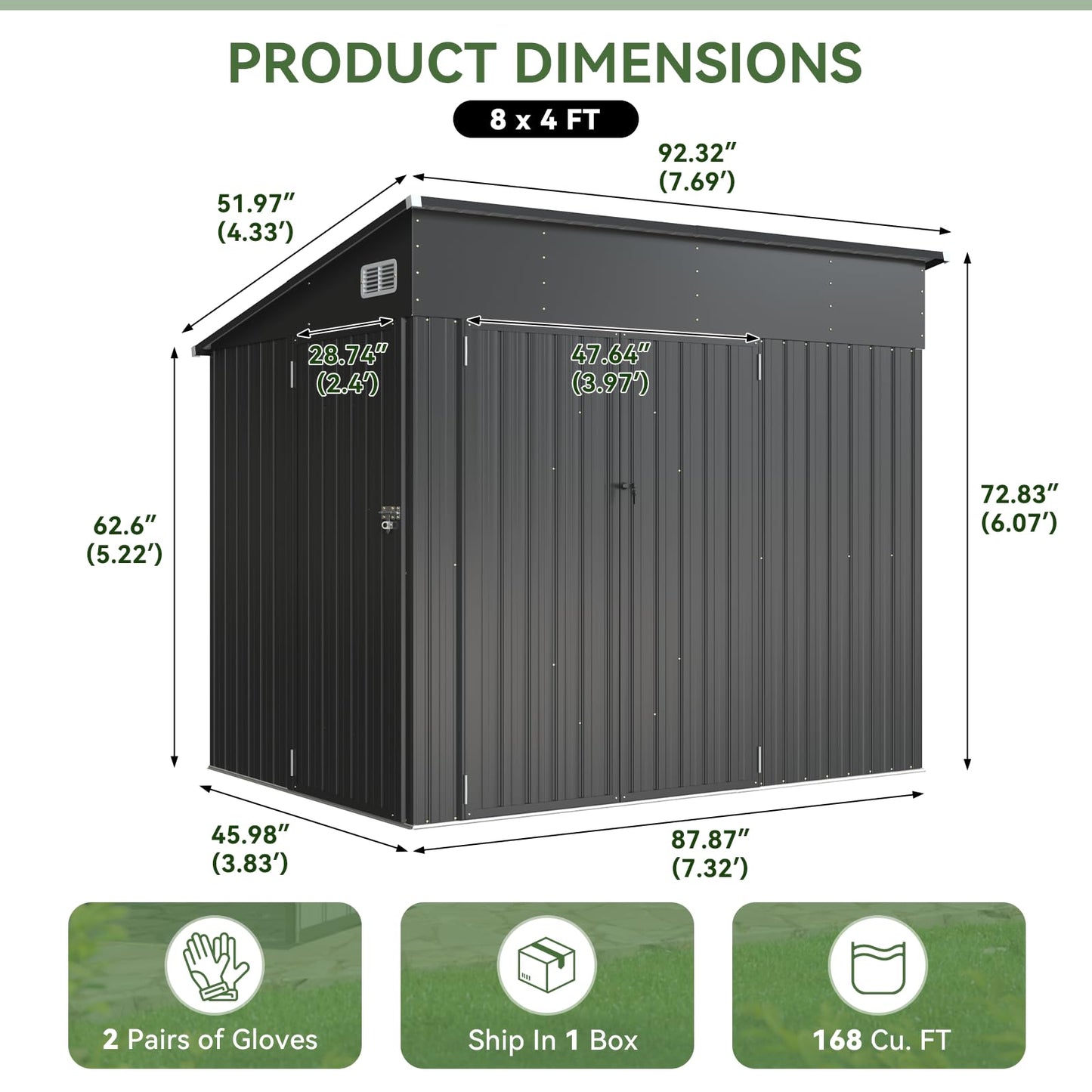 Aoxun 7'x4' 3-Lockable Door Metal Storage Shed, Metal Outdoor Garden Shed - Elevated Height & Sloped Roof Design for Bicycle, Tool, Snow Blower Storage (Black)