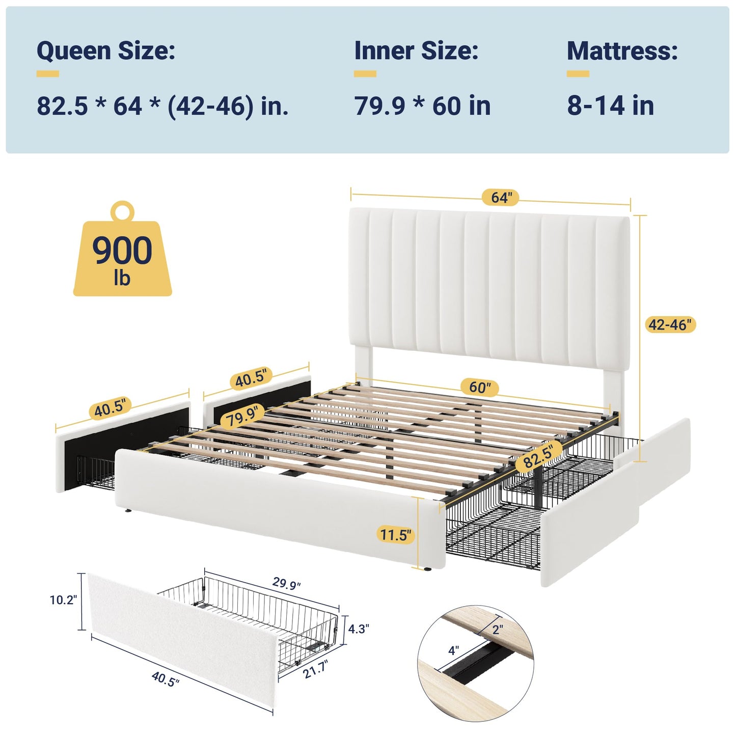 Allewie Queen Size Storage Bed Frame, Vertical Channel Tufted Adjustable Headboard, Velvet Upholstered Platform Bed with 4 Oversized Underbed Drawers, Wooden Slats Support, No Box Spring Needed, White