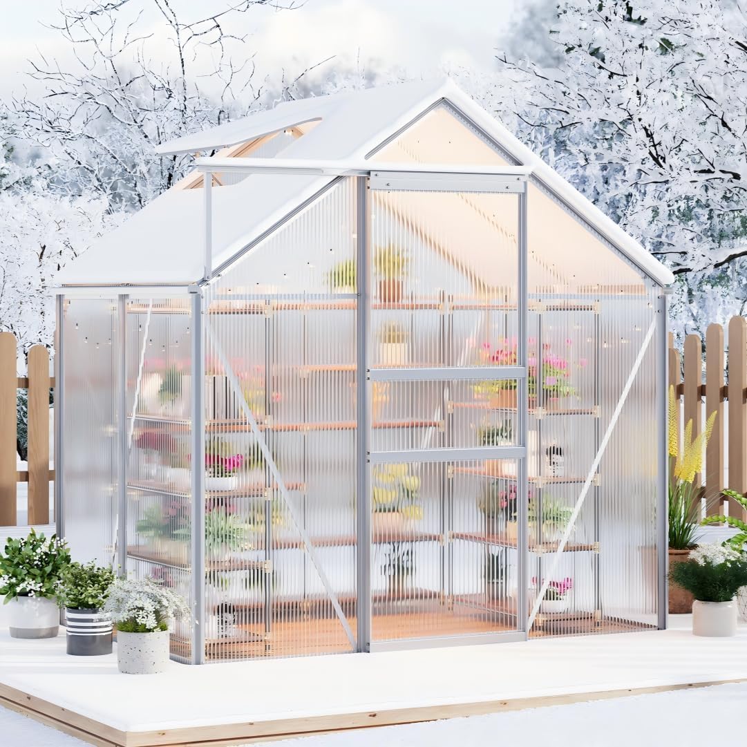 6x4 ft Greenhouse, Walk in Polycarbonate Greenhouses for Outdoors with Roof Vent&Sliding Door, Heavy Duty Green House with Aluminum Frame for Outside Garden Backyard, Patio, Lawn, Silver