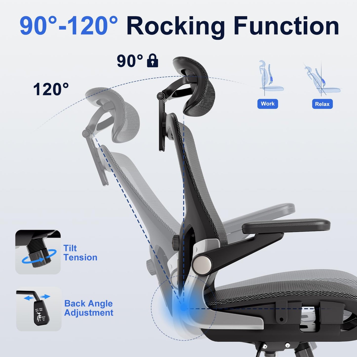 marrap Ergonomic Office Chair, Mesh Seat Cushion with 3D Armrests and 3D Headrest, Adjustable Lumbar Support with 90-120° Rocking Function for Home Office, Black