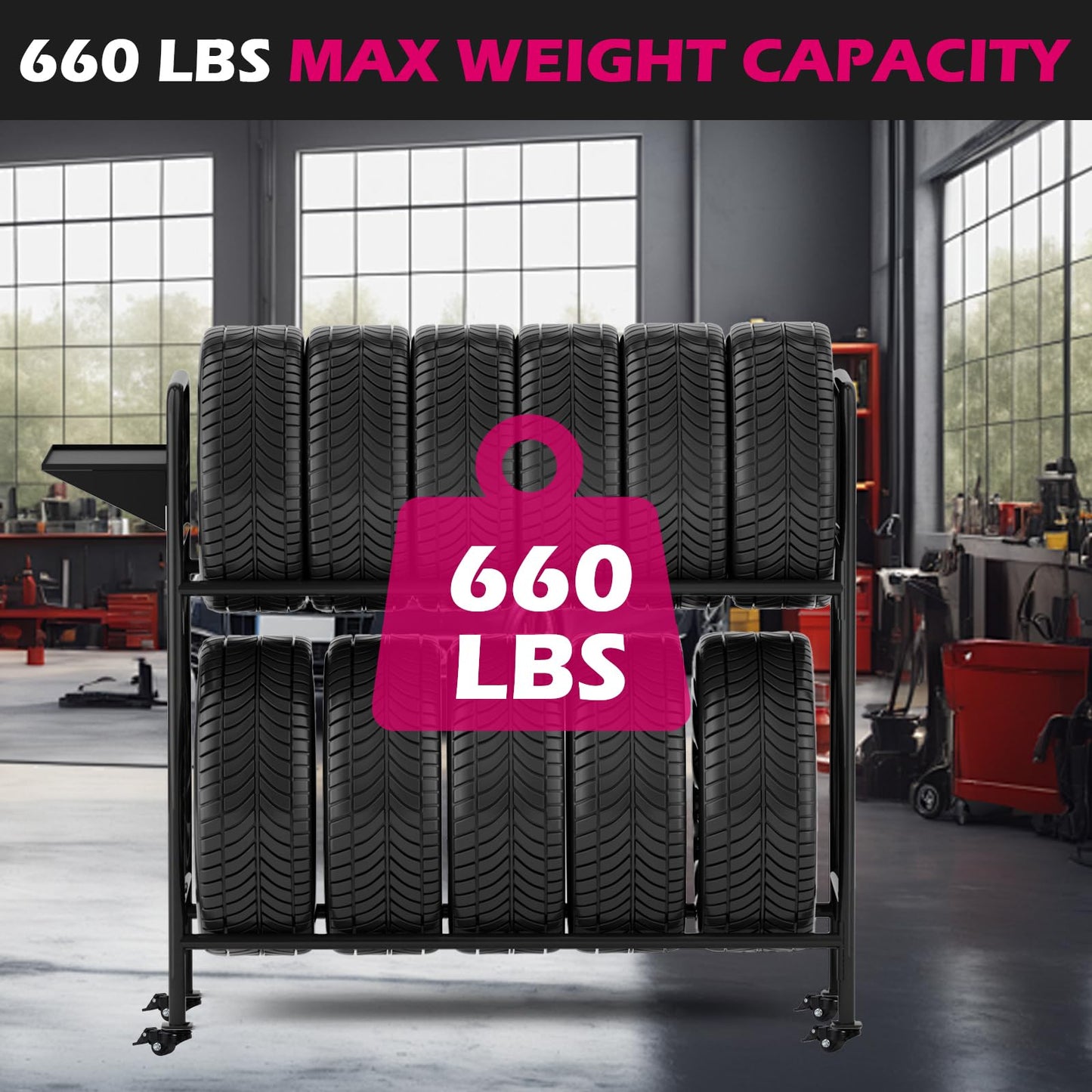 NouraVita Adjustable Rolling Tire Rack for Garage, Heavy-Duty 660LBS Capacity Tire Storage Stand with 4 Self-Locking Casters & Tool Shelf, 59" H x 59" W x 21" D