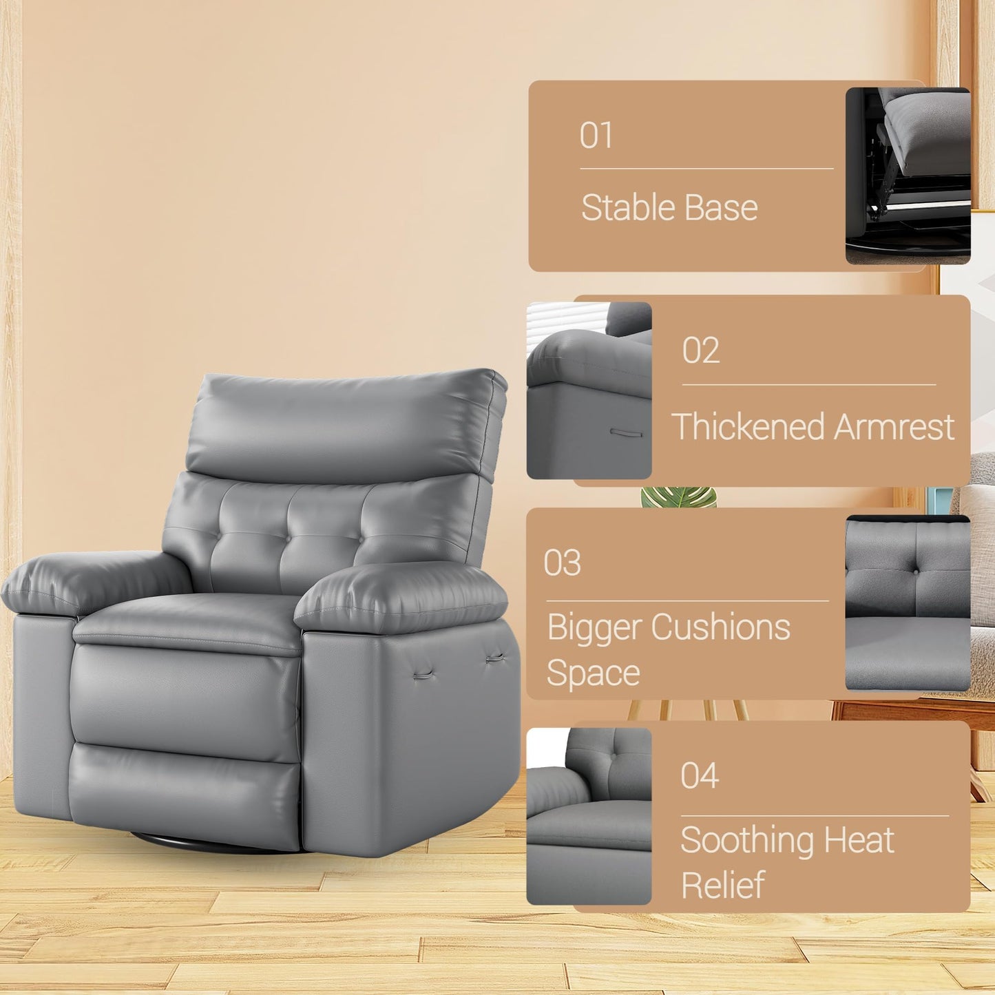 IDEALHOUSE Power Recliner Chair with Massage and Heat, Leather Fabric Reclining Sofa Chair, 360° Swivel Recliner Chairs with Cup Holder for Living Room, Bedroom, Nursery, Grey1