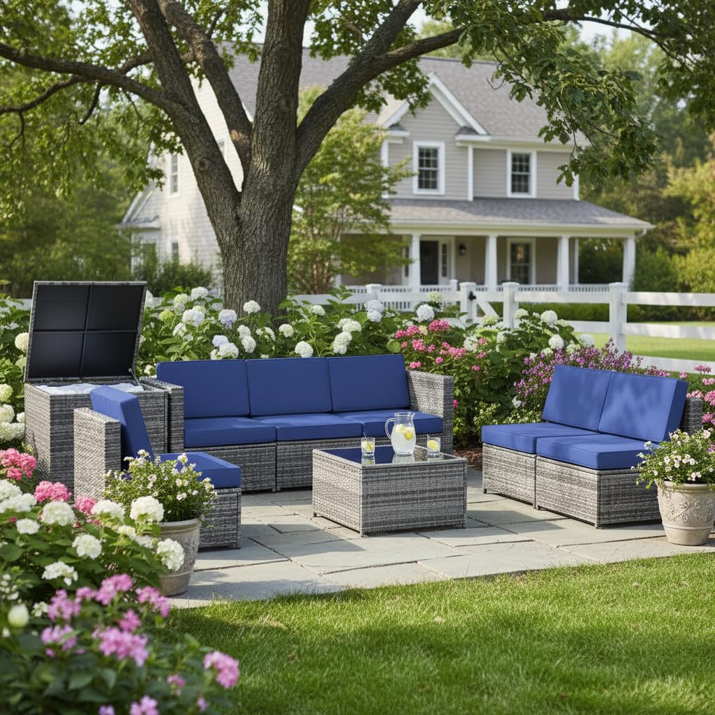 Tangkula 8 Pieces Wicker Patio Furniture Set with Storage Deck Box, PE Rattan Outdoor Sectional Sofa Conversation Set with Coffee Table & Cushions, Outside Furniture for Garden Yard Poolside (Navy)