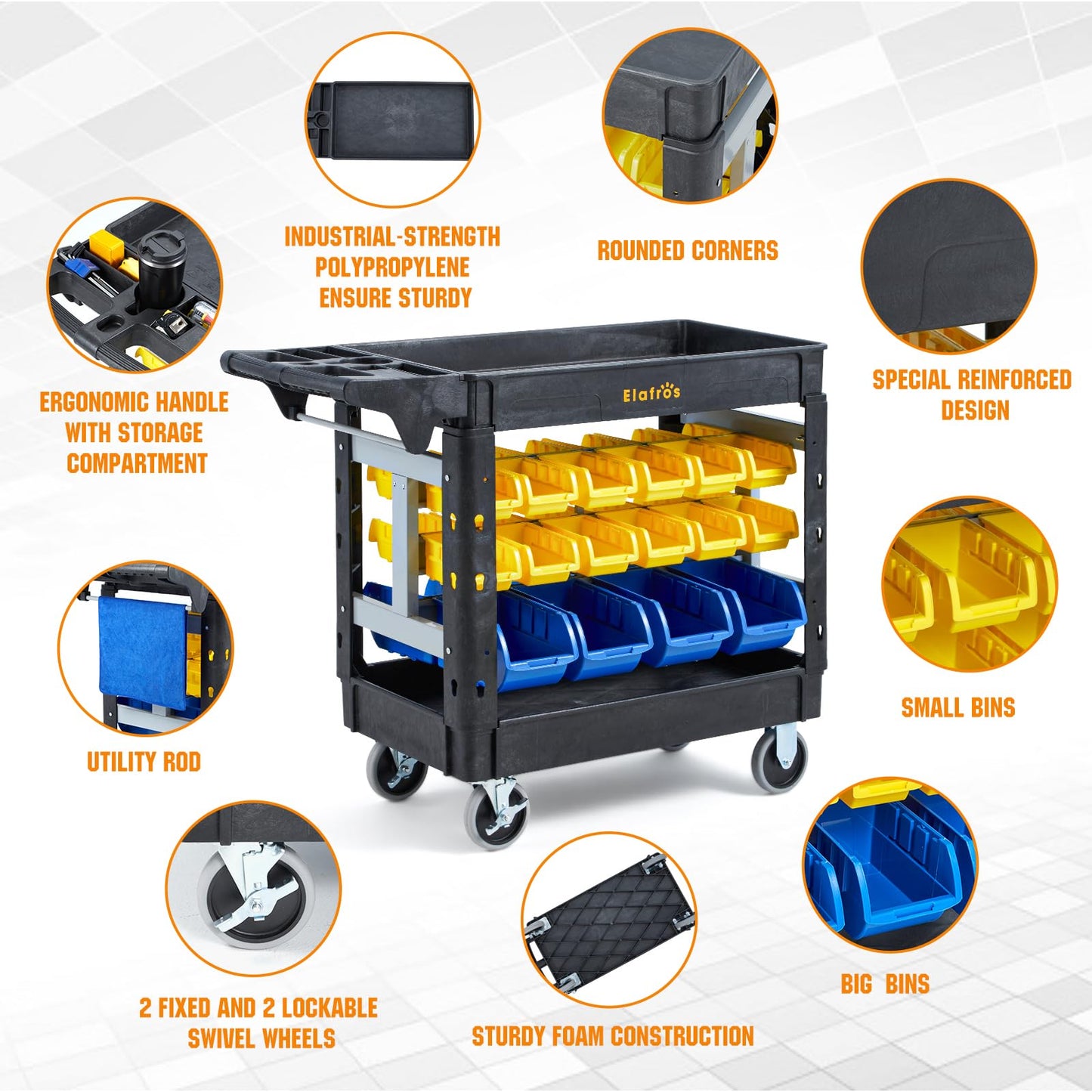 ELAFROS 2-Tier Heavy Duty Utility Cart with 32 Storage Bins, 40.7 x 17 in