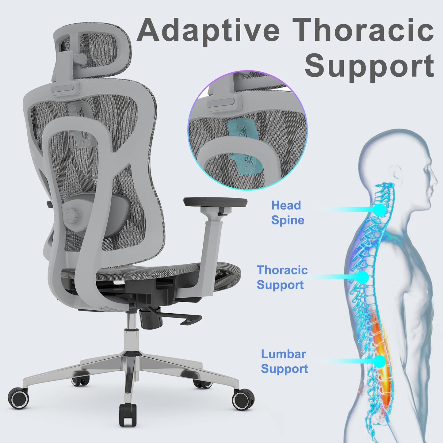 Logicfox Ergonomic Office Chair for Long Hours,High Back Mesh Chair with Adaptive Thoracic & Lumbar Support,3D Adjustable Armrests and Headrest,Designed for 8–10 Hour Workdays