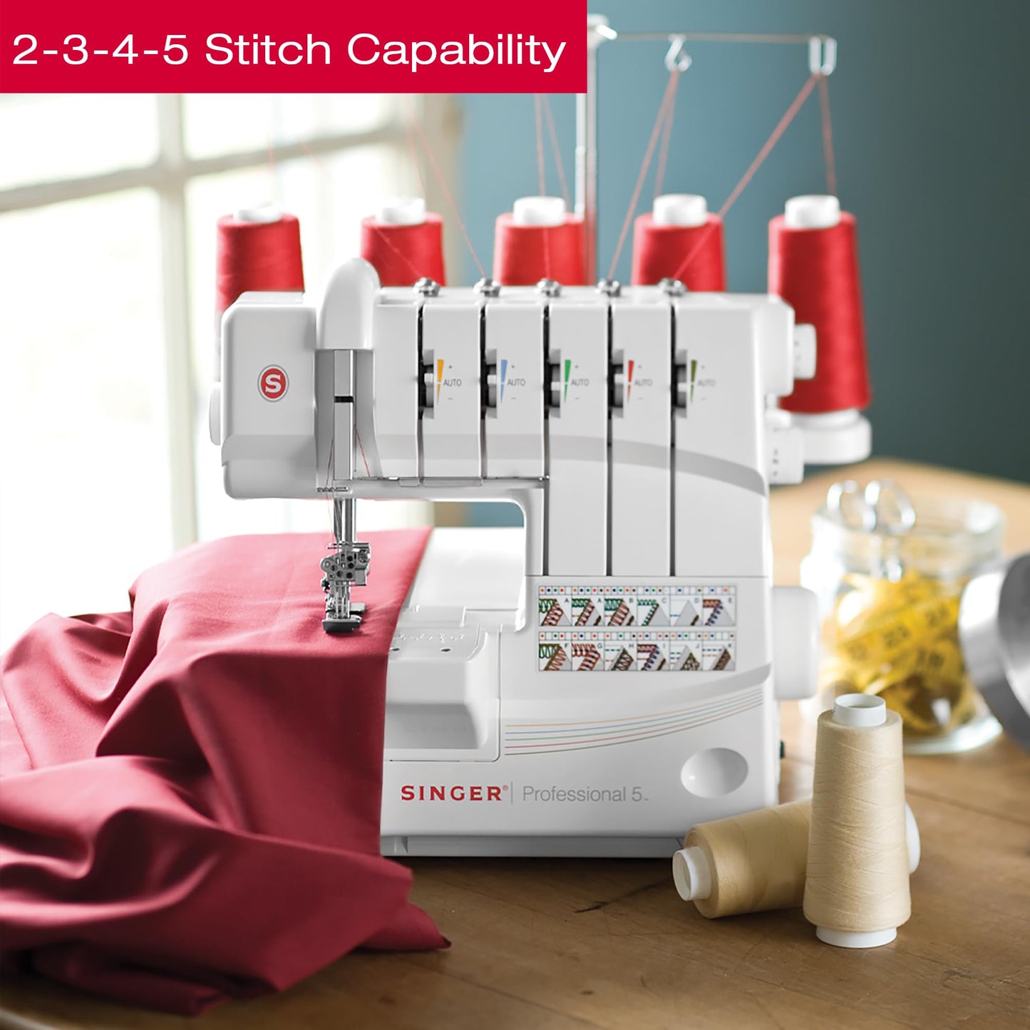 SINGER® Professional 5 14T968DC Heavy-Duty Metal Frame Serger Overlock and Accessory Kit with 2-3-4-5 Stitch Capability, Removeable Trim Trap, 1300 Stitches per minute, & Self Adjusting, White