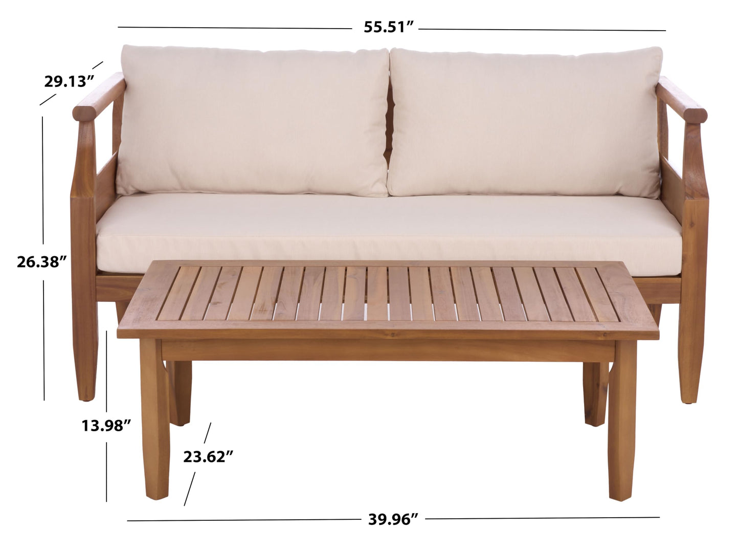SAFAVIEH Outdoor Patio Furniture Collection - Alta Teak & Cream Solid Wood Bench with Cushions and Slatted Coffee Table, 2-Piece Set (PAT6812A)