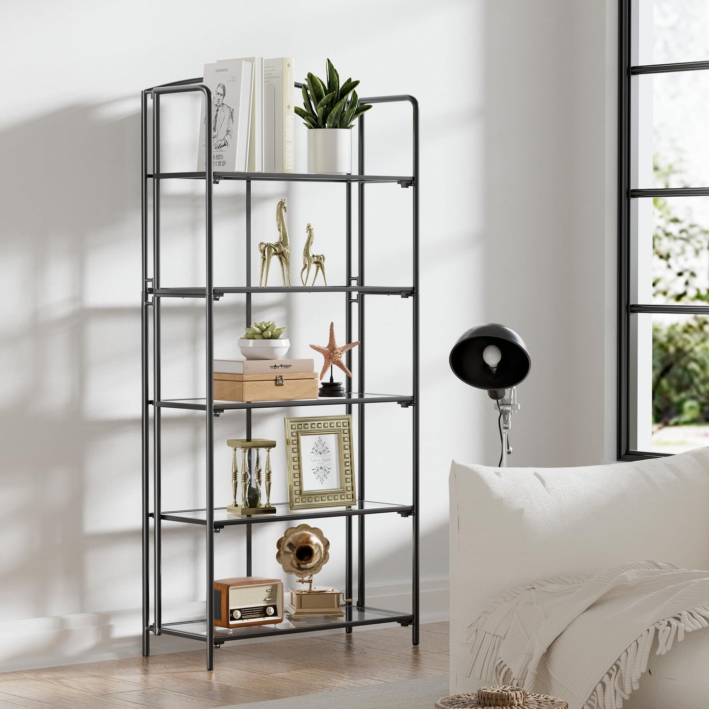 Crofy 5-Tier Wider Foldable Bookshelf, Black Frame & Transparent Shelves