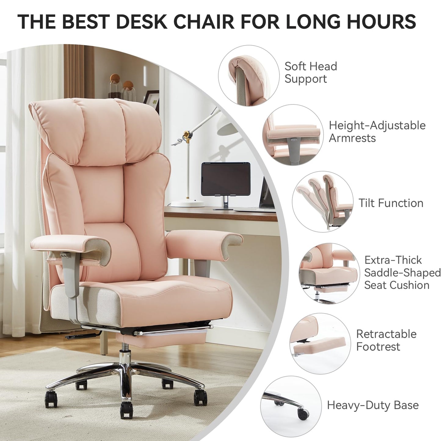 Efomao Big & Tall Pink Executive Office Chair 400lbs, Extra Wide 23.2" PU Leather Desk Chair for Women with Footrest, Pocket Spring & Adjustable Arms for Home Office