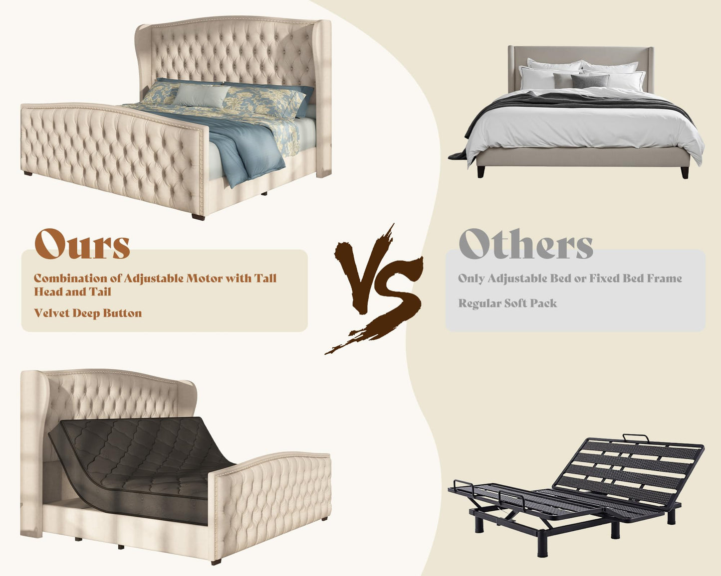 AMERLIFE King Size Adjustable Bed Frame with 51" H Velvet Upholstered and Deep Button Tufted Headboard, Electric Bed with Dual Motor/Nailhead Trim Wingback, No Box Spring Needed, Cream