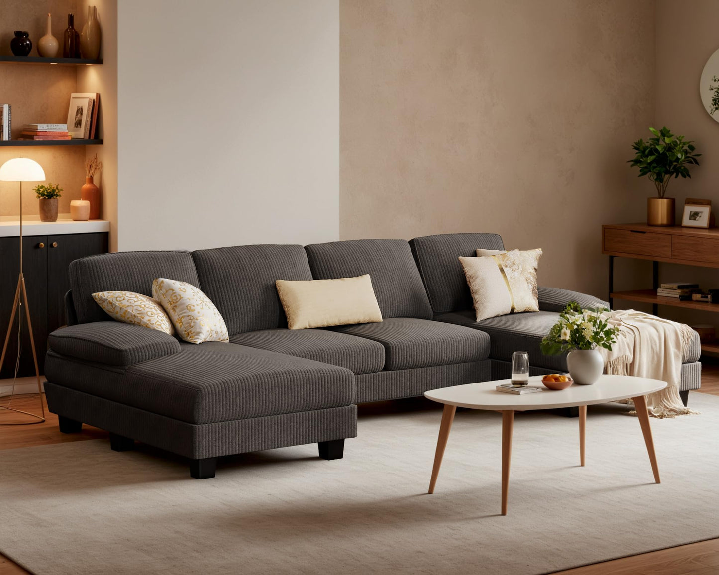 Furniwell Convertible Sectional Sofa Couch, 4 Seat Sofa Set for Living Room U-Shaped Modern Fabric Modular Sofa Sleeper with Double Chaise & Memory Foam (Corduroy, Deep Grey)