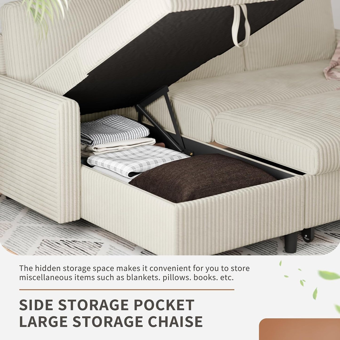 Shintenchi Futon Sofa Bed Convertible Couches L Shaped, 4‑in‑1 Sectional Sleeper Sofa Pull Out Couches for Living Room, Multifunctional Couch with Storage Chaise Corduroy Fabric, White