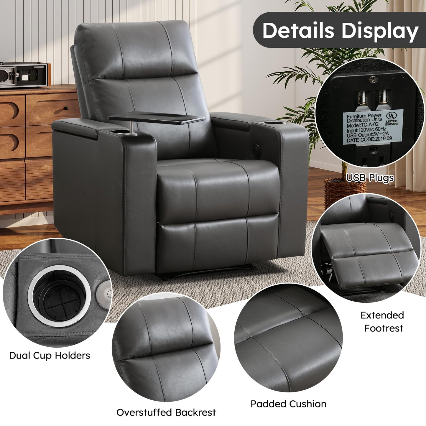 ANJ Home Theater Seating Power Recliner with Hidden Arm Storage, Single Faux Leather Recliners with Tray Table, Electric Movie Reclining Chairs with USB Ports & Cup Holders for Media Room, Grey