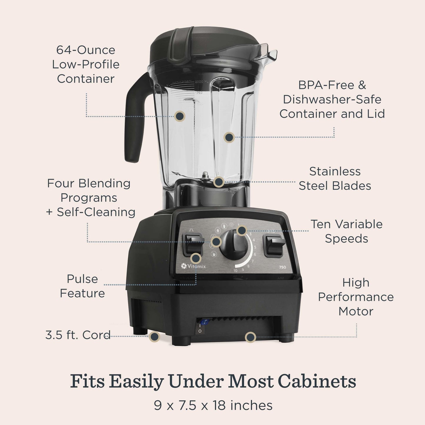 Vitamix Propel Series 750 Professional-Grade Blender with Four Blending Programs for Smoothies, Soups and More, Self-Cleaning, Stainless-Steel Blades, 64 Oz Container, Black