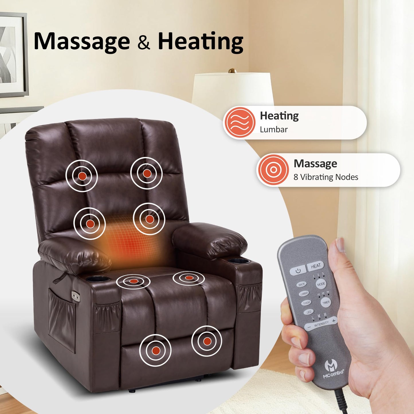 MCombo Dual Motor Power Lift Recliner Chair for Elderly, Massage and Heat, Lay Flat, Zero Gravity, Home Button, USB Port, Faux Leather 7680 (Dark Brown, Large)
