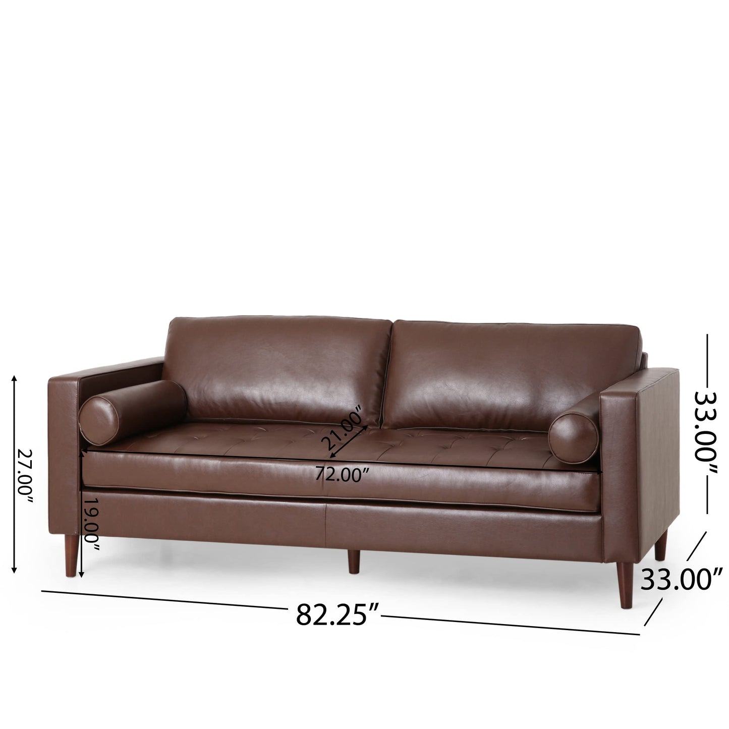 Merax Upholstered PU Sofa, Classic 3 Seater Leather Couch with Wooden Legs for Living Room Bedroom Office, Dark Brown