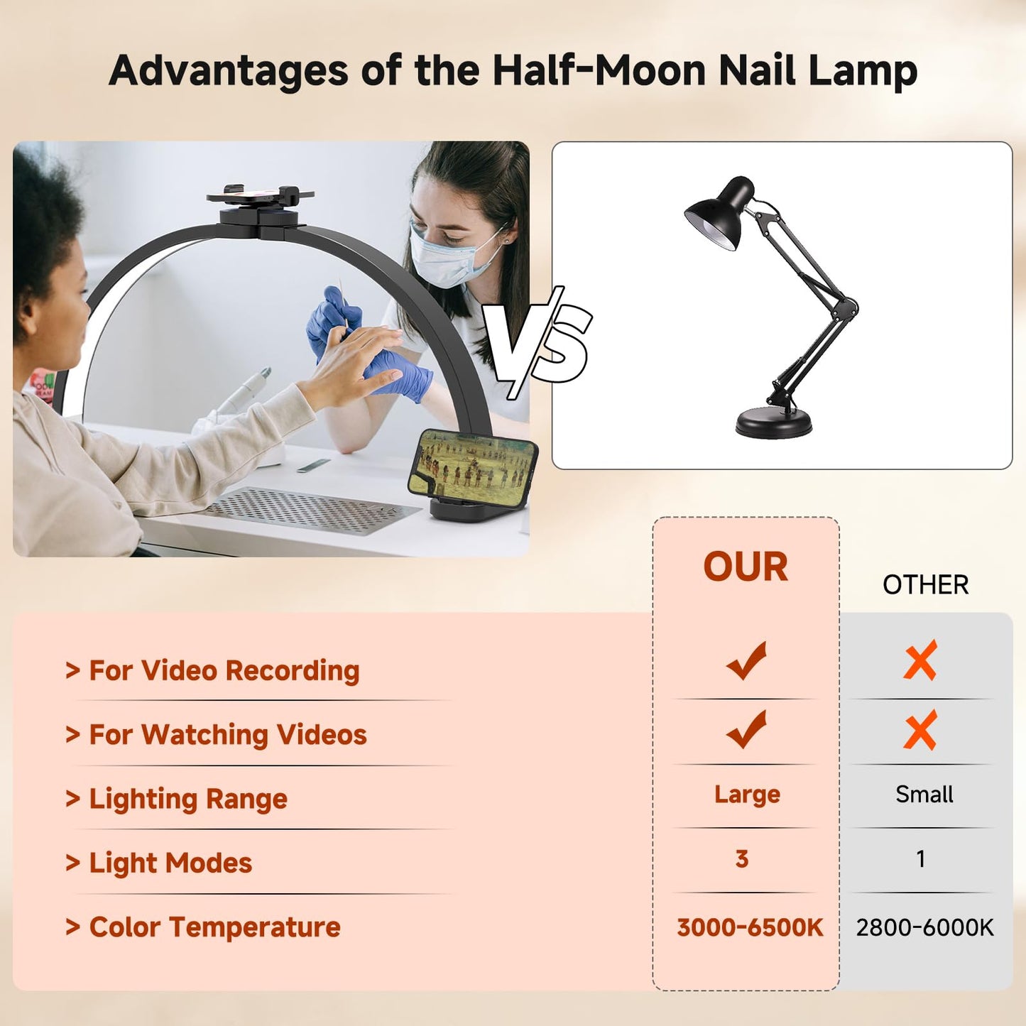 Welinspift 45W Half Moon LED Arch Lamp with Phone Holder, Dimmable 3000K-6500K, Black, Model ML-800A