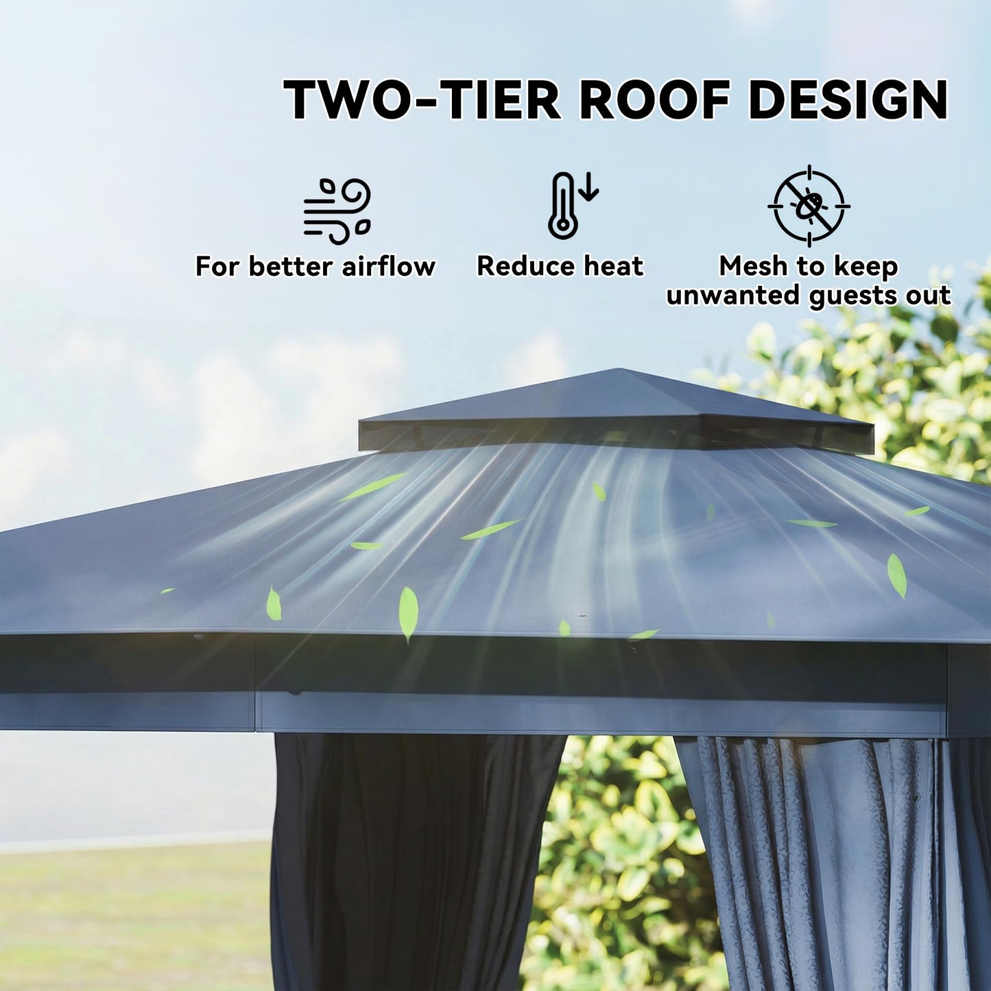 Outsunny 10' x 12' Outdoor Patio Gazebo, Heavy Duty Gazebo Canopy Shelter with Double Roof, Curtains, Netting, Steel Frame, UPF30+ Protection, Ceiling Hooks for Lawn, Backyard, Deck, Blue