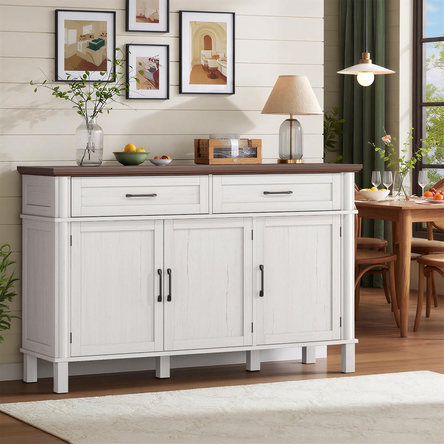 55 Inches Sideboard Buffet Cabinet with Storage, Farmhouse Sideboard Buffet w/2 Drawers and 3 Doors, Wood Kitchen Console Table with Adjustable Shelf, for Living Room, Hallway, Off White