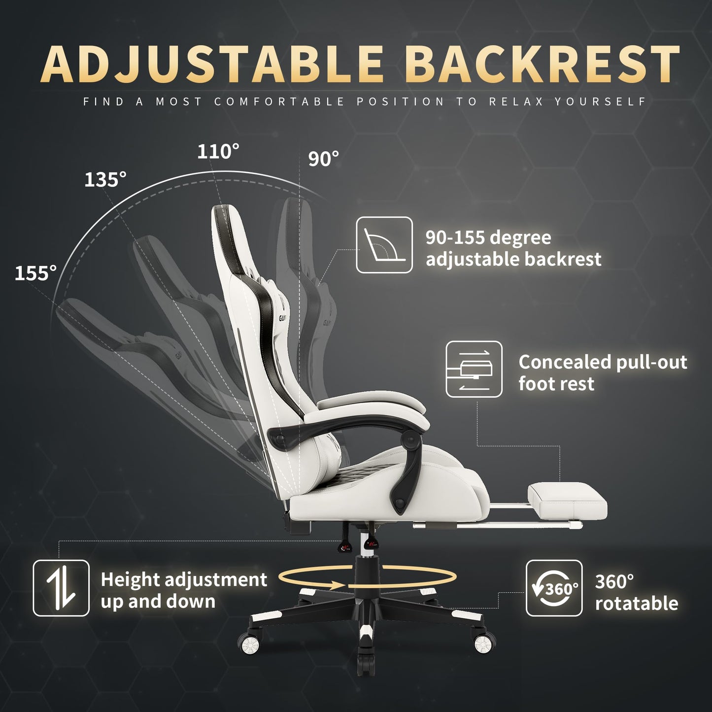 Gaming Chair, 400 lbs Adult Chair, High Back Computer Chair with Footrest and Linked Armrests, Office Video Game Chair with Lumbar Support (White)
