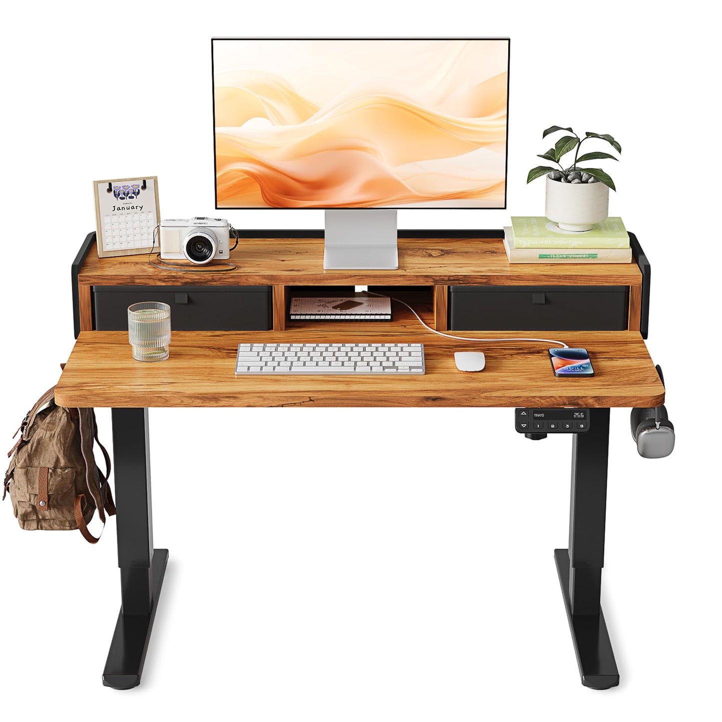 YIHAYO Low Height Adjustable Desk with Drawers, Lifts 18.1-28.3 Inches, Electric Standing Desk with Storage Shelf for short people, 40 x 24 Inches Table with Splice Board for Home Office, Rustic Brown
