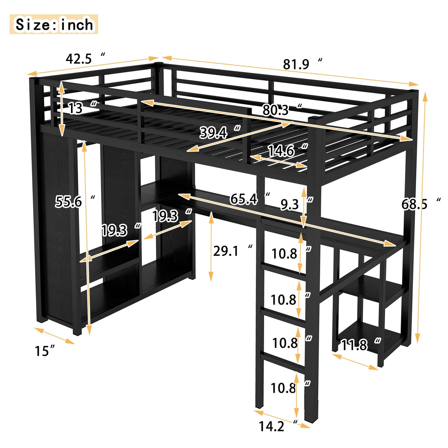 Twin XL Loft Bed with Desk and Storage Shelves, Twin XL Loft Bed with Wardrobe and Hanging Rod, Game Loft Bed with Guardrail and Ladder(Twin XL Balck)