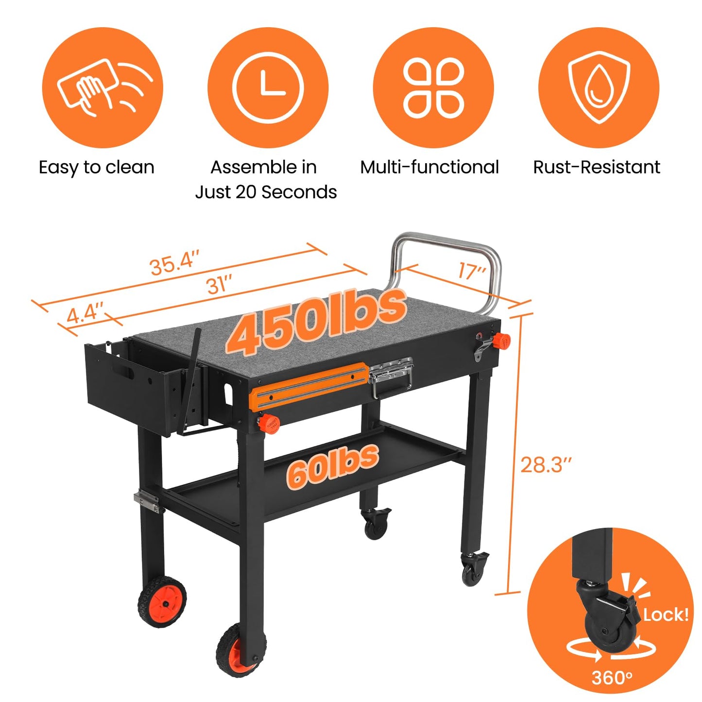 Folding Grill Table for Blackstone 17" & 22" Griddle, Portable Grill Cart with Wheels, 20-Second Tool-Free Setup, 450 lb Heavy Duty Outdoor Cooking Prep Station for Ninja Woodfire Grill & Pizza Oven