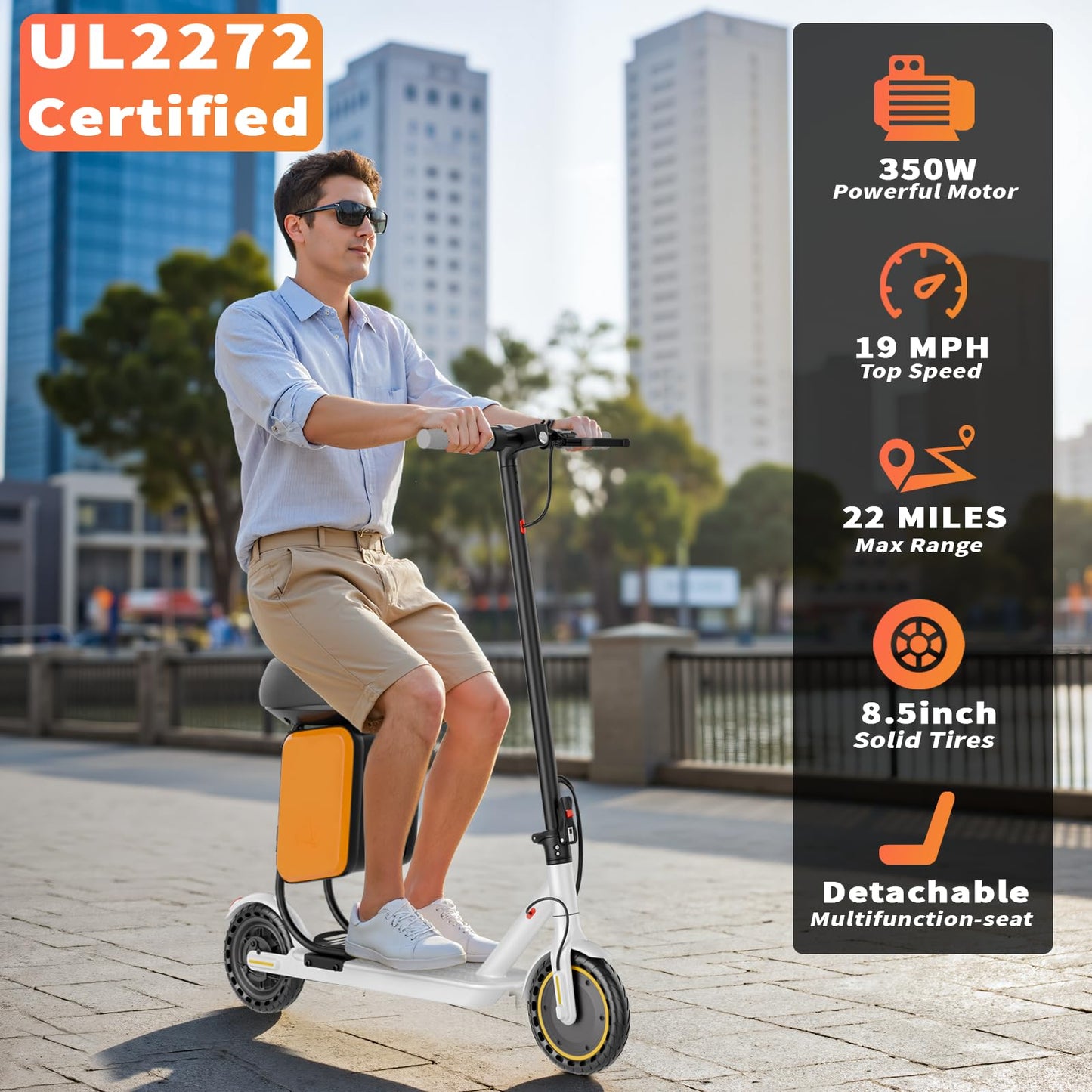 Qlaway Electric Scooter with Seat, 350W Motor, Top Speed 19Mph(31km/h), Max 22 Miles Ranges, 350W Motor, 8.5" Solid Tires, Aluminum Alloy Folding E Scooter with Dual Braking/APP Control
