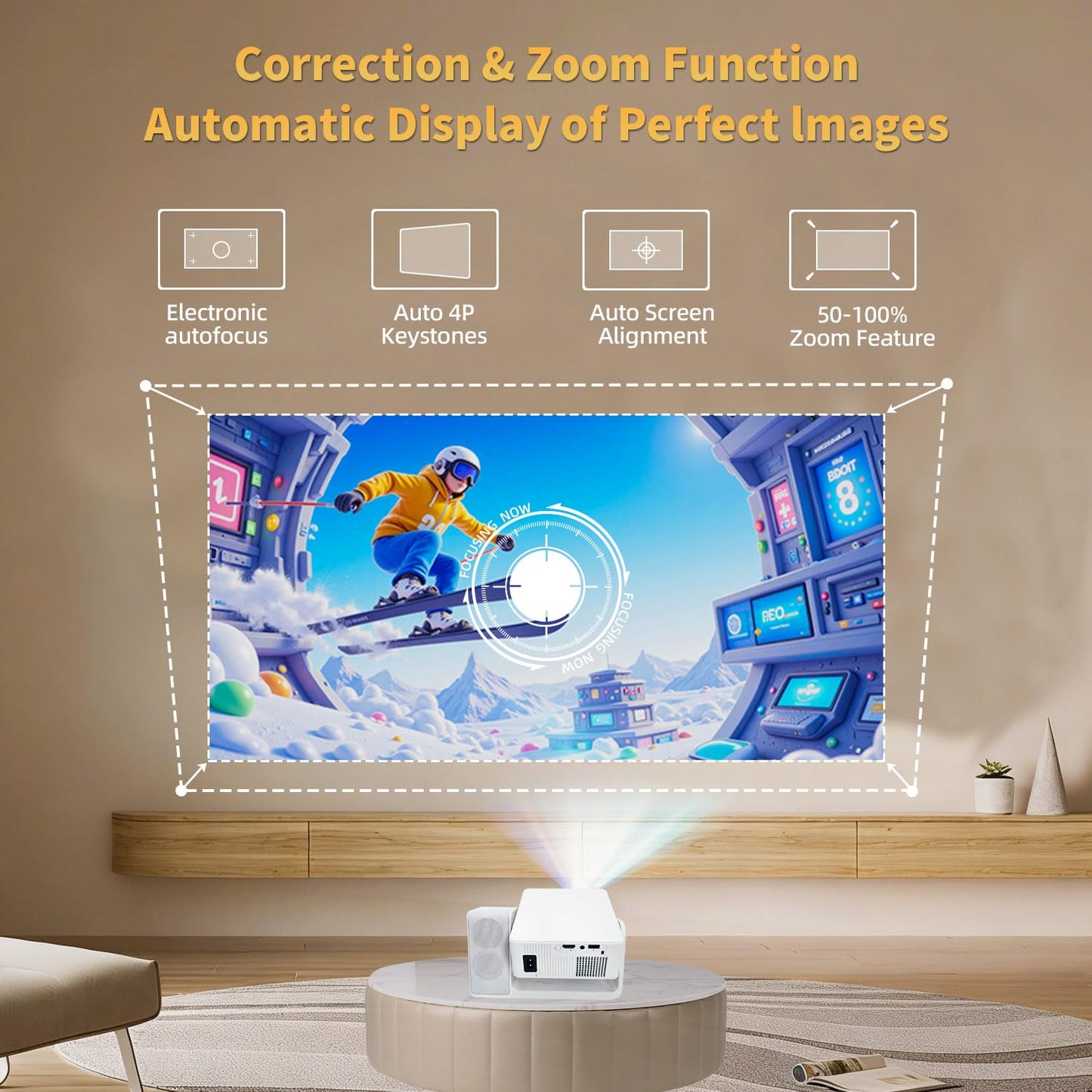 LERMAYAL Smart Projector with WiFi and Bluetooth, 3-in-1 Karaoke Speaker & Movie Projector, Native 1080P/4K Support, Electric Focus & Auto Keystone, Portable Outdoor Projector for Home Ceiling Theater