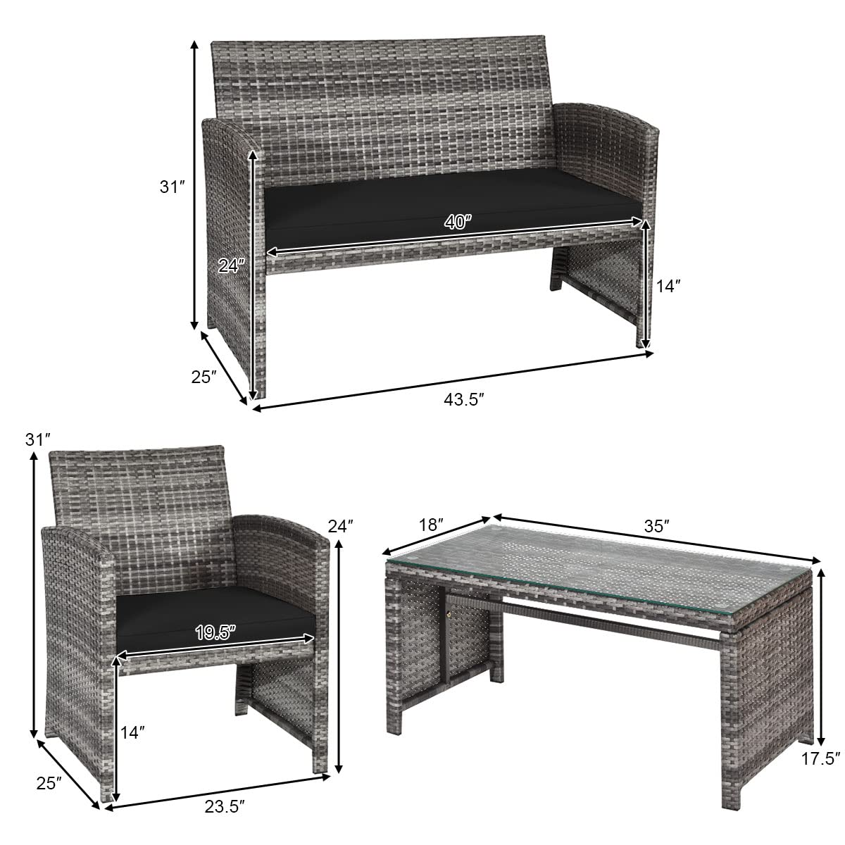Giantex 4 Pc Patio Conversation Set, Rattan Loveseat & Patio Chairs with Cushioned Seat, Wicker Coffee Table, Outdoor Furniture Set for Front Porch Poolside Garden Lawn