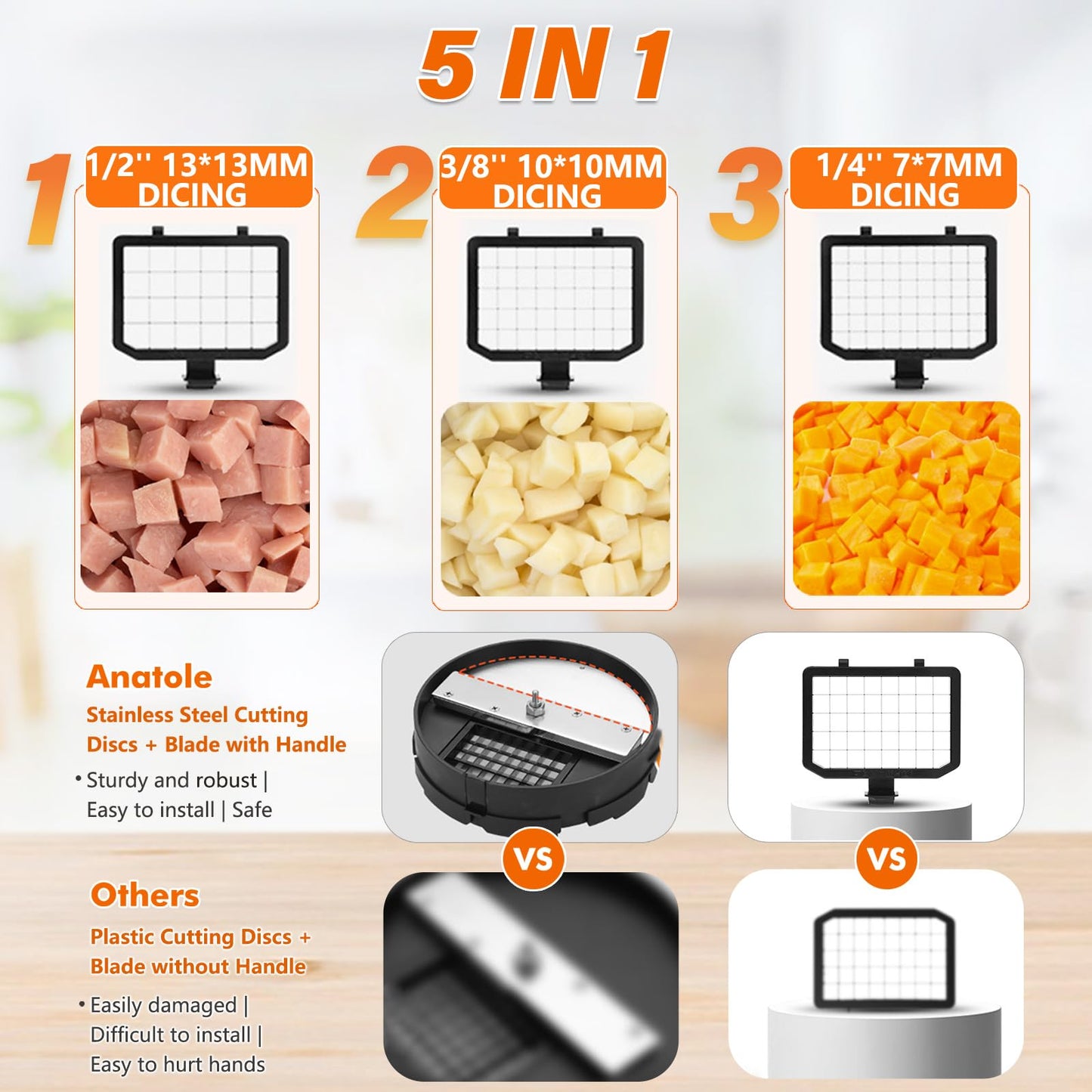 Anatole Electric Vegetable Dicer Slicer Shredder 5 in 1 Commercial Food Processor 16-Cup Stainless Steel Veggie Chopper Heavy Duty with 5 Blades Auto Discharge for Potato Onion Carrot 300W