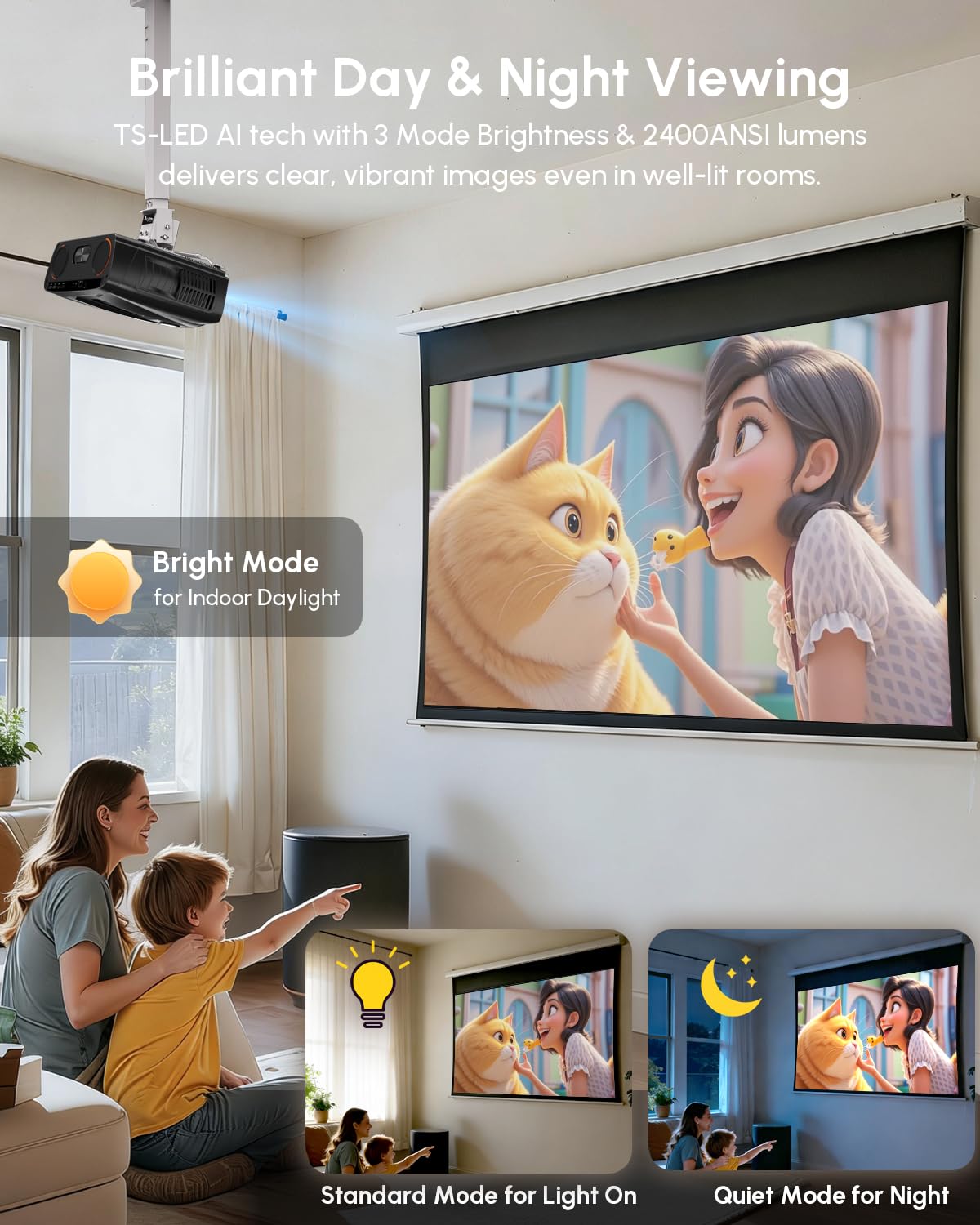 2026 Upgraded Daylight 4K Projector 2400ANSI, with Auto Lens Cap, Tof Autofocus, HDMI eARC CEC, 40W Speakers, Smart Home Cinema Daytime Projectors with AI MOVIN 2.0 OS, HDR10+,WiFi 6, Bluetooth, USB