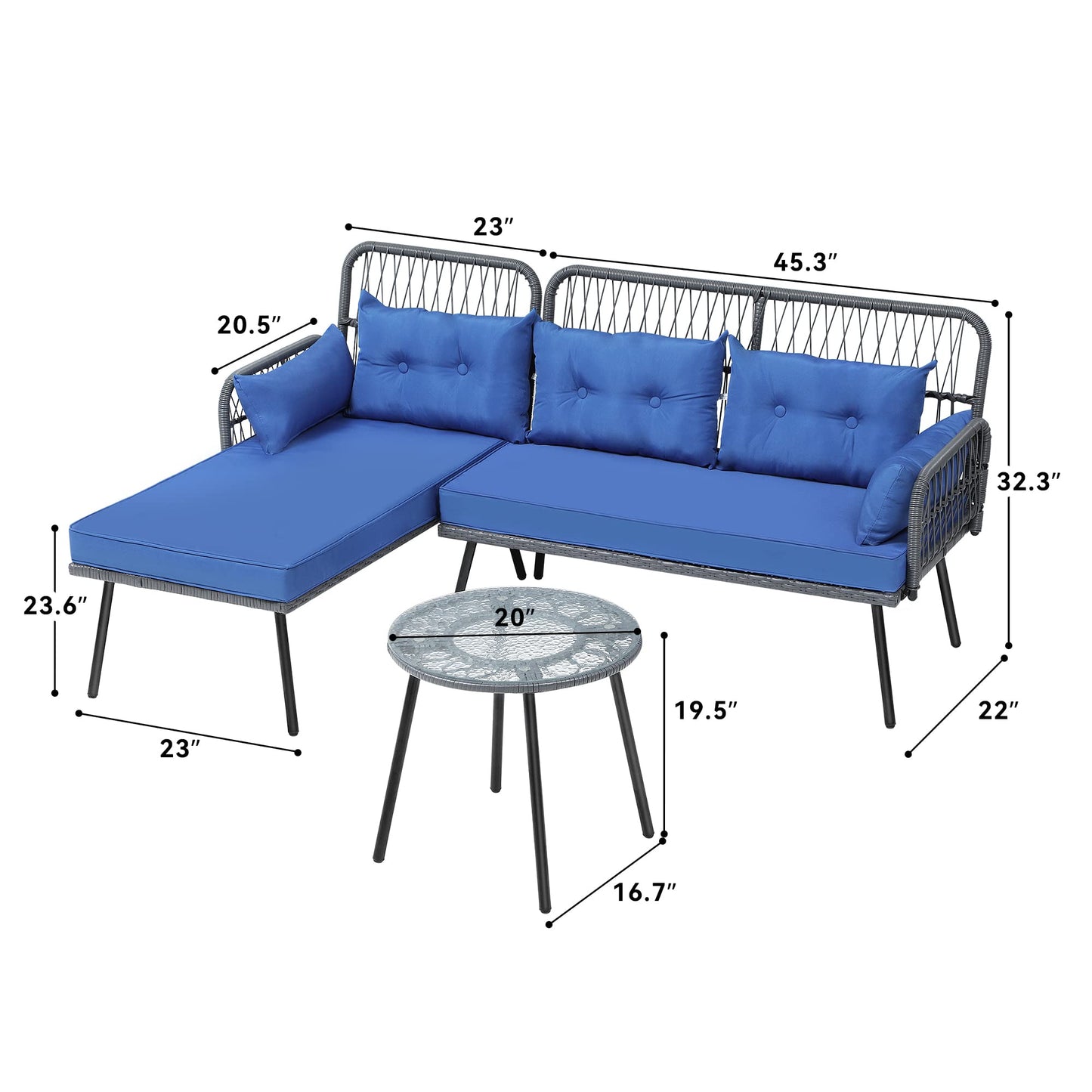 YITAHOME Patio Furniture L-Shaped Coversation Sectional Outdoor Sofa Set for Backyard, Porch with Thick Cushions Detachable Lounger, Side Table (Gray+Navy Blue)