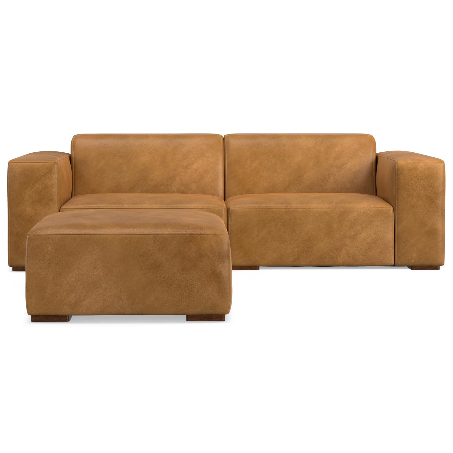SIMPLIHOME Rex Modular Sofa and Ottoman Set in Full-Grain Genuine Leather, Sienna, 88-inch-Wide 2-Seater Leather Couch and Matching 34-inch-Wide Table Ottoman for Living Room