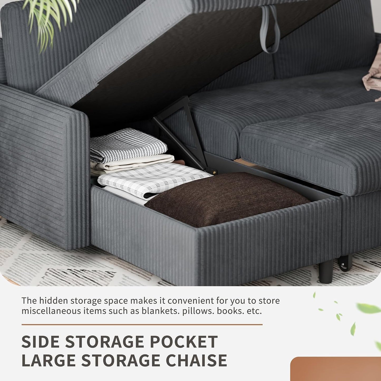 Shintenchi Futon Sofa Bed Convertible Couches L Shaped, 4‑in‑1 Sectional Sleeper Sofa Pull Out Couches for Living Room, Multifunctional Couch with Storage Chaise Corduroy Fabric, Dark Gray
